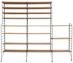 A MID 20TH CENTURY SWEDISH NISSE STRINNING, STRING MODULAR SHELVING SYSTEM  comprising three stepped