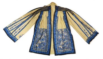 A CHINESE YELLOW GROUND PLEATED SILK SUMMER ROBE the damask silk woven with clouds and auspicious o