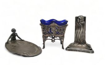 A WMF ART NOUVEAU PEWTER TRAY modelled as a maiden in a pool with a snake, impressed marks and no