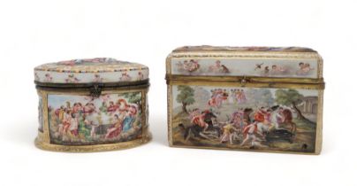 A CAPODIMONTE GILT METAL MOUNTED LIDDED BOX of oval form decorated with Bacchanalian and battle