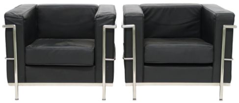 A PAIR OF 20TH CENTURY AFTER LE CORBUSIER ARMCHAIRS with black vinyl cushions on chromed tubular