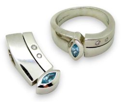 TOPAZ & DIAMOND SUITE comprising of a 18ct white gold ring, set with a blue topaz and diamond