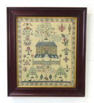 A 19TH CENTURY PICTORIAL NEEDLEWORK SAMPLER Executed by Janet Morris, Aged 10 Years, featuring a