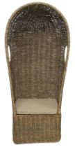 A 20TH CENTURY WICKER PORTERS STYLE CONSERVATORY CHAIR  domed top with side windows over upholstered