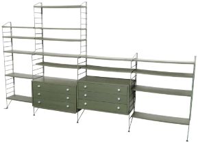 A MID 20TH CENTURY SWEDISH NISSE STRINNING, STRING MODULAR SHELVING SYSTEM  comprising two stepped