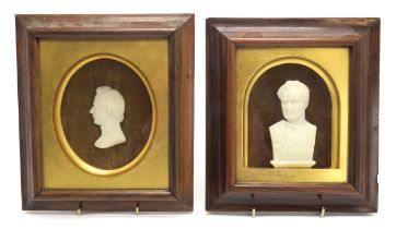 TWO CARVED MARBLE RELIEF PORTRAITS One depicting William Motherwell (1797-1835, Scottish poet,