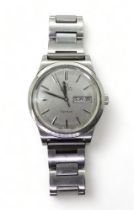 AN OMEGA AUTOMATIC GENEVE in stainless steel, circa 1976, with silver coloured dial, hands and baton