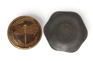 AN ERHARD & SONS ART NOUVEAU WOOD AND BRASS INLAID DISH decorated with a dragonfly with mother of