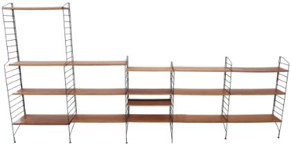 A MID 20TH CENTURY SWEDISH NISSE STRINNING, STRING MODULAR SHELVING SYSTEM  comprising two stepped