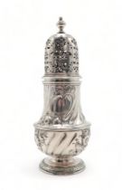 A GEORGE II SILVER CASTER by Thomas Bamford, London 1733, of baluster form, with later engraved