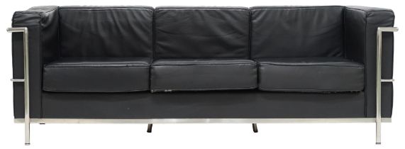 A 20TH CENTURY AFTER LE CORBUSIER THREE SEATER SETTEE  with black vinyl cushions on chromed