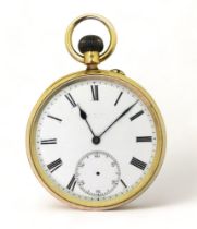 AN 18CT GOLD OPEN FACE POCKET WATCH  with a white enamel dial, black Roman numerals, subsidiary