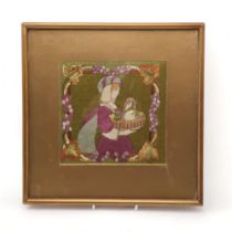 AN ARTS AND CRAFTS EMBROIDERED FRAMED PANEL sewn in silks depicting a woman in medieval dress