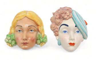 A BESWICK POTTERY 1930S ART DECO FACE MASK modelled as a girl with curly brown hair,  green beret