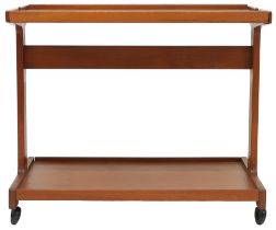 A MID 20TH CENTURY TEAK DANISH TRIOH TWO TIER TEA TROLLEY  with removable tray top on shaped