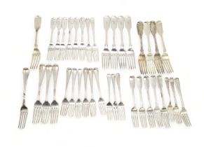 A COLLECTION OF GEORGIAN AND LATER SILVER FLATWARE including a set of six George III silver