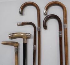 Six various silver-mounted walking sticks, including an example with ebonised shaft, horn handle and