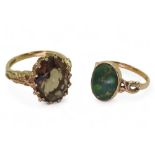 A 9ct gold smoky quartz ring, size N, together with a yellow metal mounted turquoise ring size J1/2,