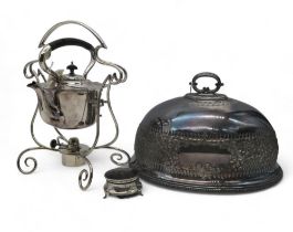 A silver tortoiseshell jewellery box, Birmingham 1924, an EPNS spirit kettle and stand, and a food