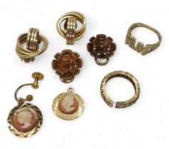 Two pairs of 9ct earrings, a pair of partial cameo earrings, a 9ct Mum ring and a (af) gem set