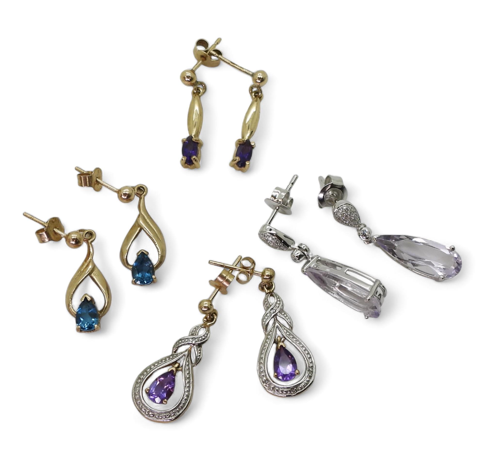 A pair of 9ct kunzite and diamond earrings, length 2.6cm, and a further three pairs of earrings