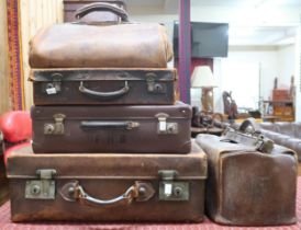 A mixed lot comprising three leather suitcases and two assorted Gladstone style bags (5) Condition