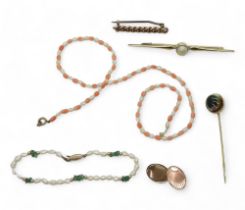 A collection of jewels, to include; a 15ct gold pearl stick pin, from Mikara pearl Co, 48