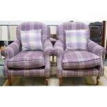 A pair of contemporary armchair upholstered in purple plaid wool fabric with Quallofil by Dacron