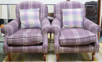 A pair of contemporary armchair upholstered in purple plaid wool fabric with Quallofil by Dacron