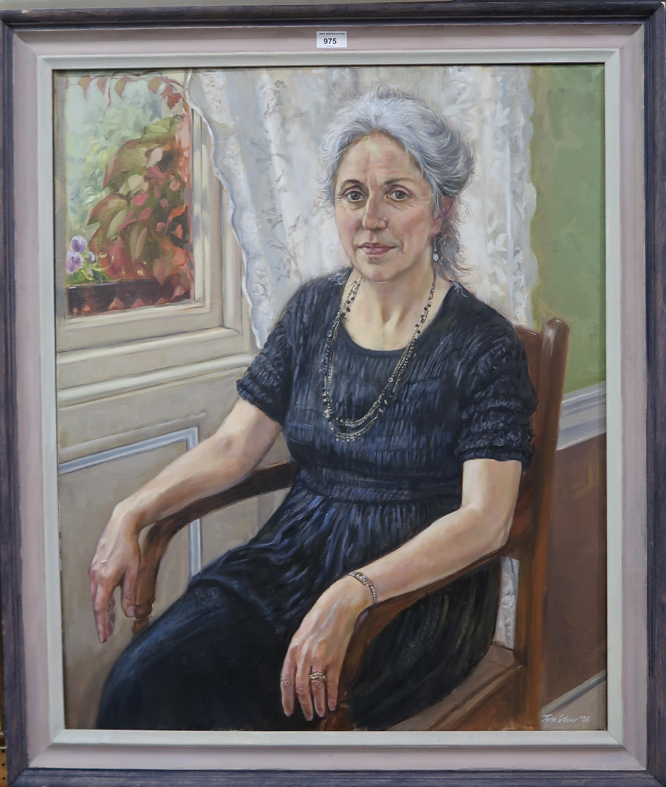 JOHN GLOVER (SCOTTISH b.1945)   PORTRAIT OF A LADY SI ON A WOODEN CHAIR  Oil on canvas, signed lower - Image 2 of 3