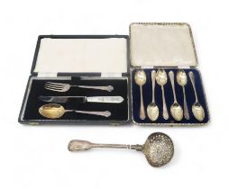 A George IV silver strainer ladle, by William Chawner, London, a set of silver teaspoons by Walker &