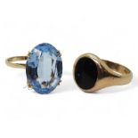 A 9ct onyx signet ring, size Q1/2, and a 9ct gold blue glass gem ring, size s, weight 9.2gms