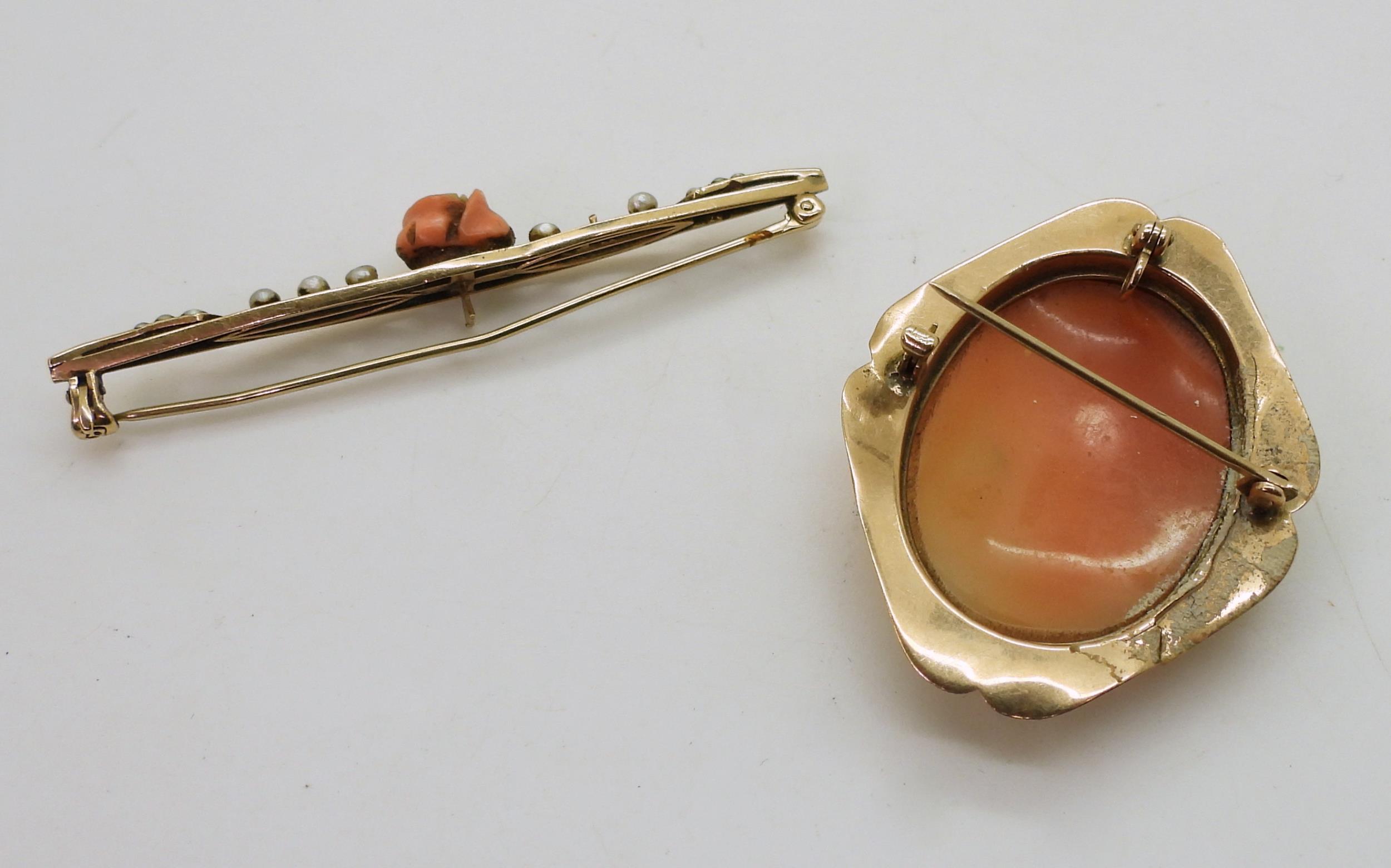 A 10k gold mounted cameo brooch, a yellow metal coral rose and pearl brooch, weight together 9.4gms, - Image 2 of 2