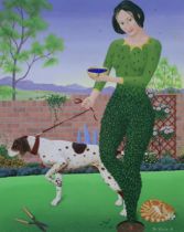 PHIL GIBSON (CONTEMPORARY SCHOOL)  TREEWOMAN WITH DOG  Gouache, signed lower right, dated (19)96