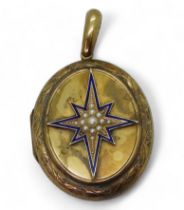 A yellow metal locket with enamelled star set with split pearls, length 5.5cm, weight 20gms with