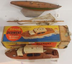 A boxed Tri-ang Derwent Electric 14" Cabin Cruiser, together with a small wooden pond yacht with