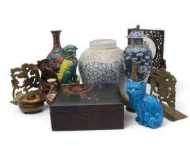 A collection of Chinese and Japanese items including a cloisonne vase, a lacquered bird box, a