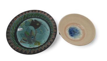 A large fish decorated dish, a bird and foxglove decorated plate and assorted other pottery