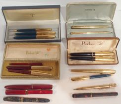 A collection of fountain pens, to include many Parker 12ct rolled gold examples, another by Conway-