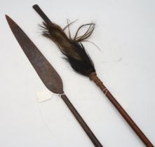 Two African spears, the longer with leaf head and measuring approx. 169cm in length (2) Condition