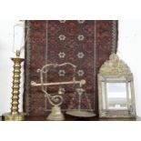 A mixed lot to include brass table lamp, brass cantilever scales, brass framed cushion style mirror,