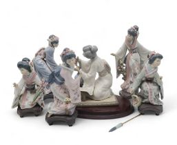 Six Lladro Geisha figures  Condition Report:girl with basket missing and finger and other hand has