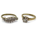 A 9ct gold cz cluster ring size S, together with a 9ct gold clear gem solitaire size P1/2, weight