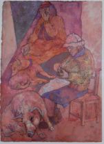 ANDA PATERSON RSW RGI (SCOTTISH 1935-2022)  THE LACE MAKERS  Watercolour and acrylic, signed lower