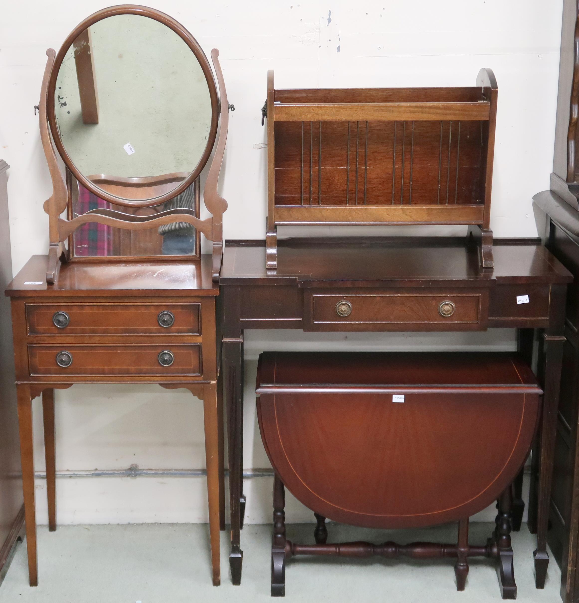 A mixed lot comprising mahogany single drawer hall table, two drawer occasional table, drop leaf