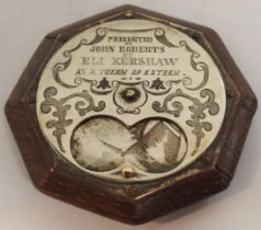 An octagonal oak miser's snuff box, one side engraved with a scene of Tam o' Shanter and Souter
