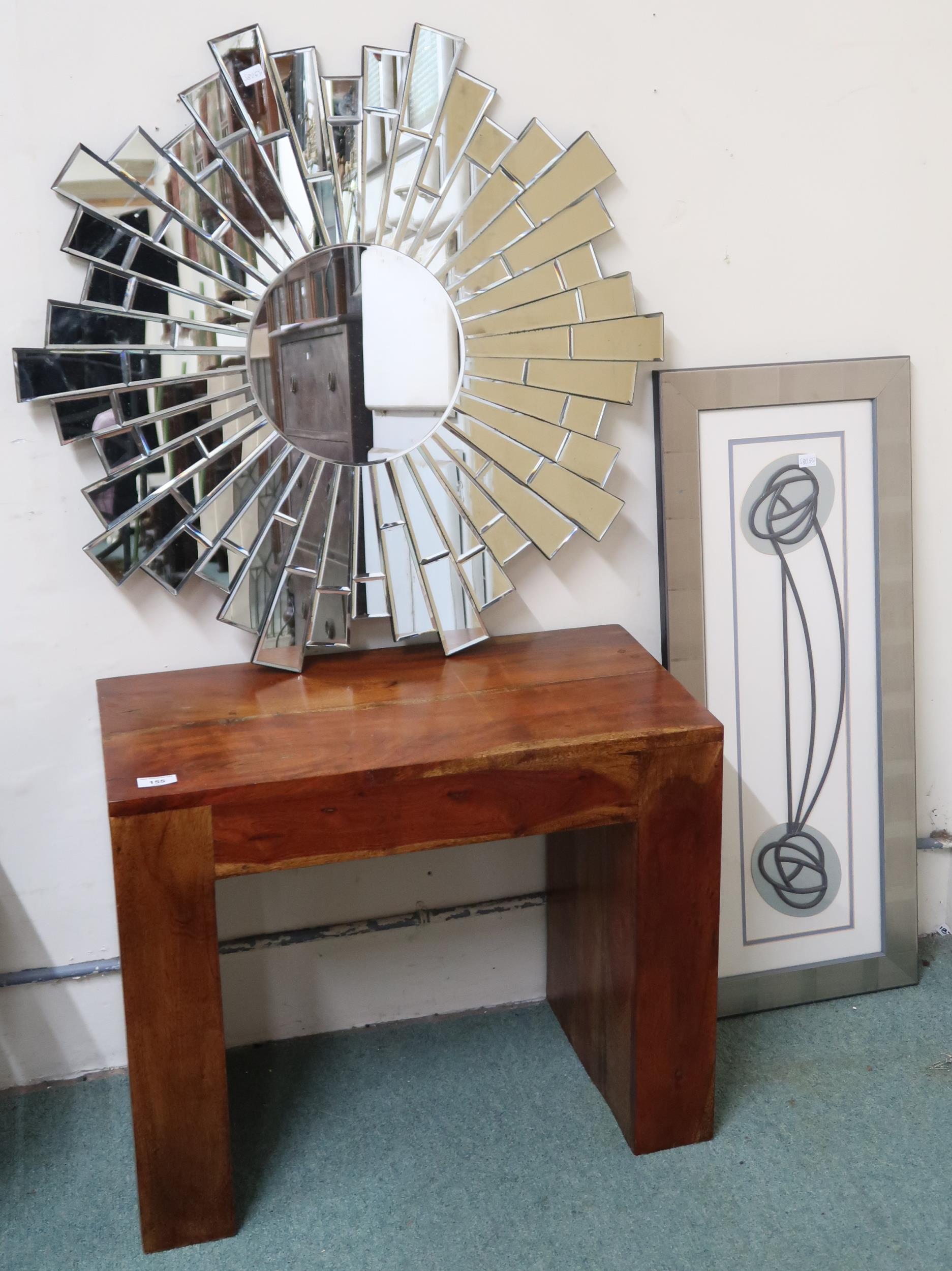 A lot comprising contemporary mangowood occasional table, Charles Rennie Mackintosh style framed