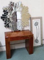 A lot comprising contemporary mangowood occasional table, Charles Rennie Mackintosh style framed