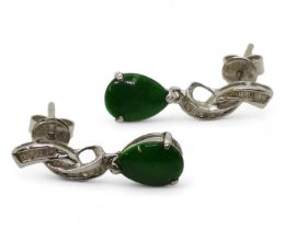 A pair of 18k white gold Chinese green hardstone and diamond baguette earrings, length 1.9cm, weight