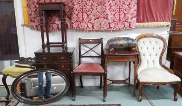 A large mixed lot comprising spoonback parlour chair, Edwardian occasional table, upholstered stool,